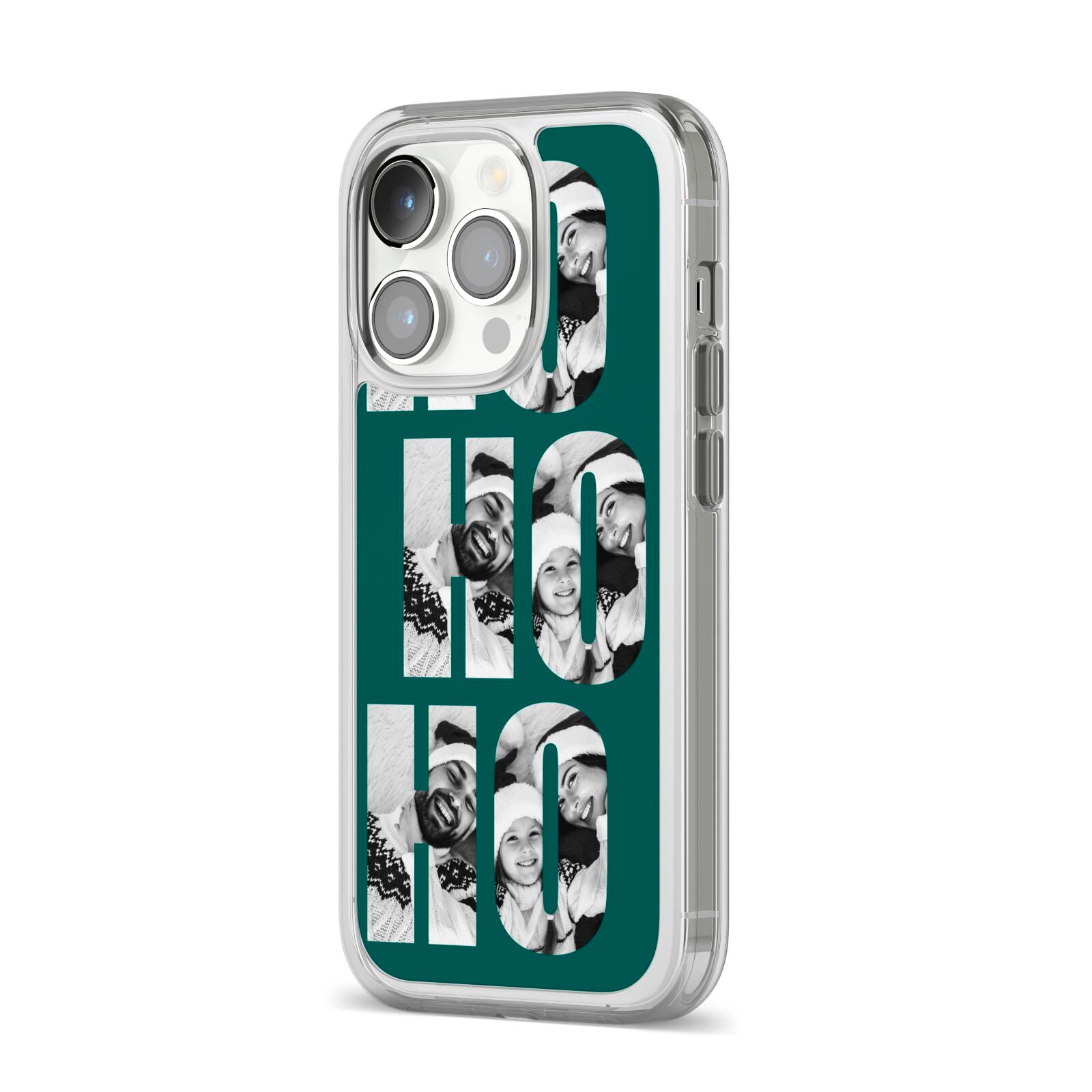 Green Ho Ho Ho Photo Upload Christmas iPhone 14 Pro Clear Tough Case Silver Angled Image
