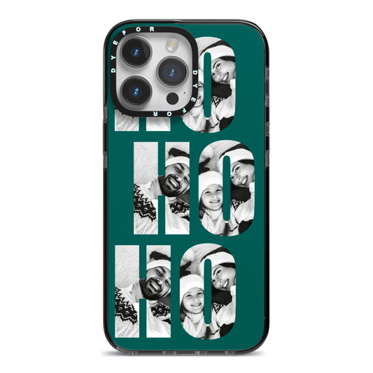 Green Ho Ho Ho Photo Upload Christmas iPhone 14 Pro Max Black Impact Case on Silver phone