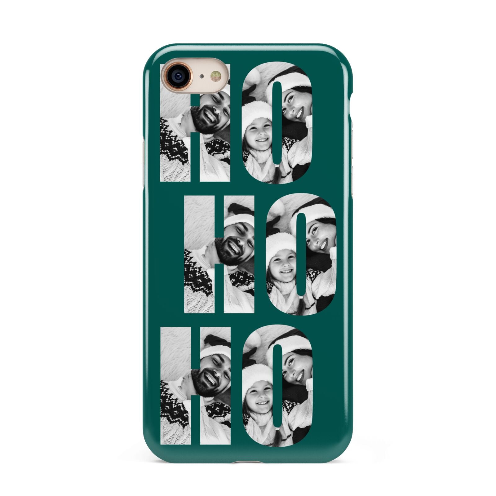 Green Ho Ho Ho Photo Upload Christmas iPhone 8 3D Tough Case on Gold Phone