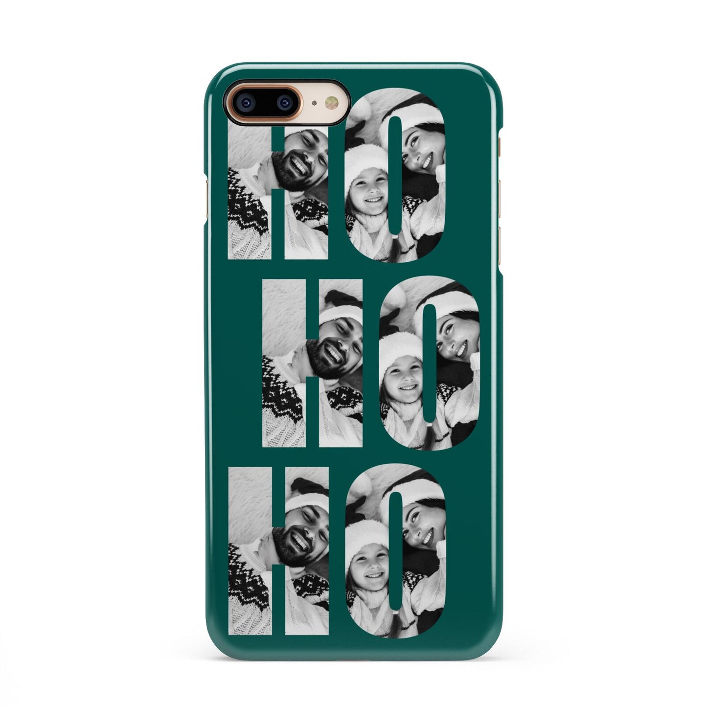 Green Ho Ho Ho Photo Upload Christmas iPhone 8 Plus 3D Snap Case on Gold Phone