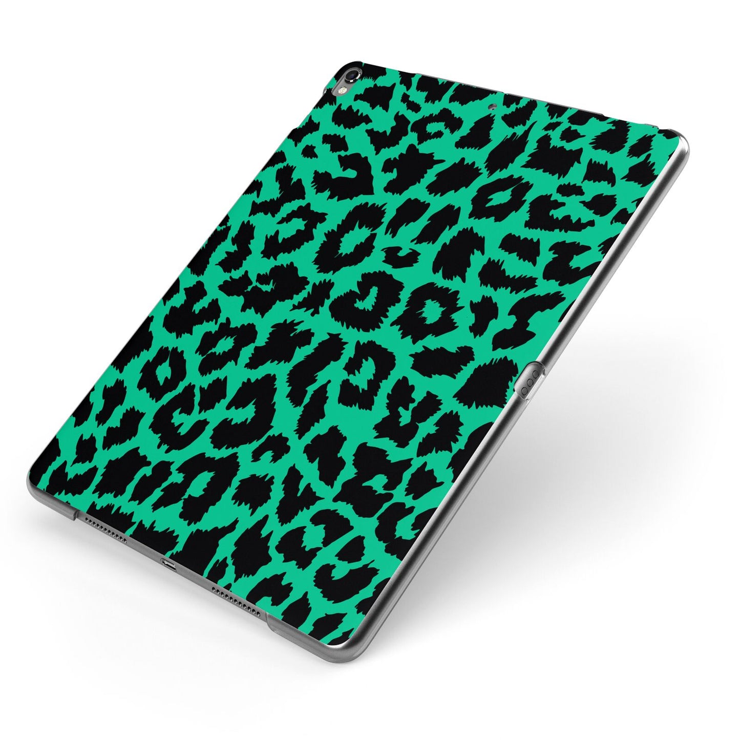 Green Leopard Print Apple iPad Case on Grey iPad Side View