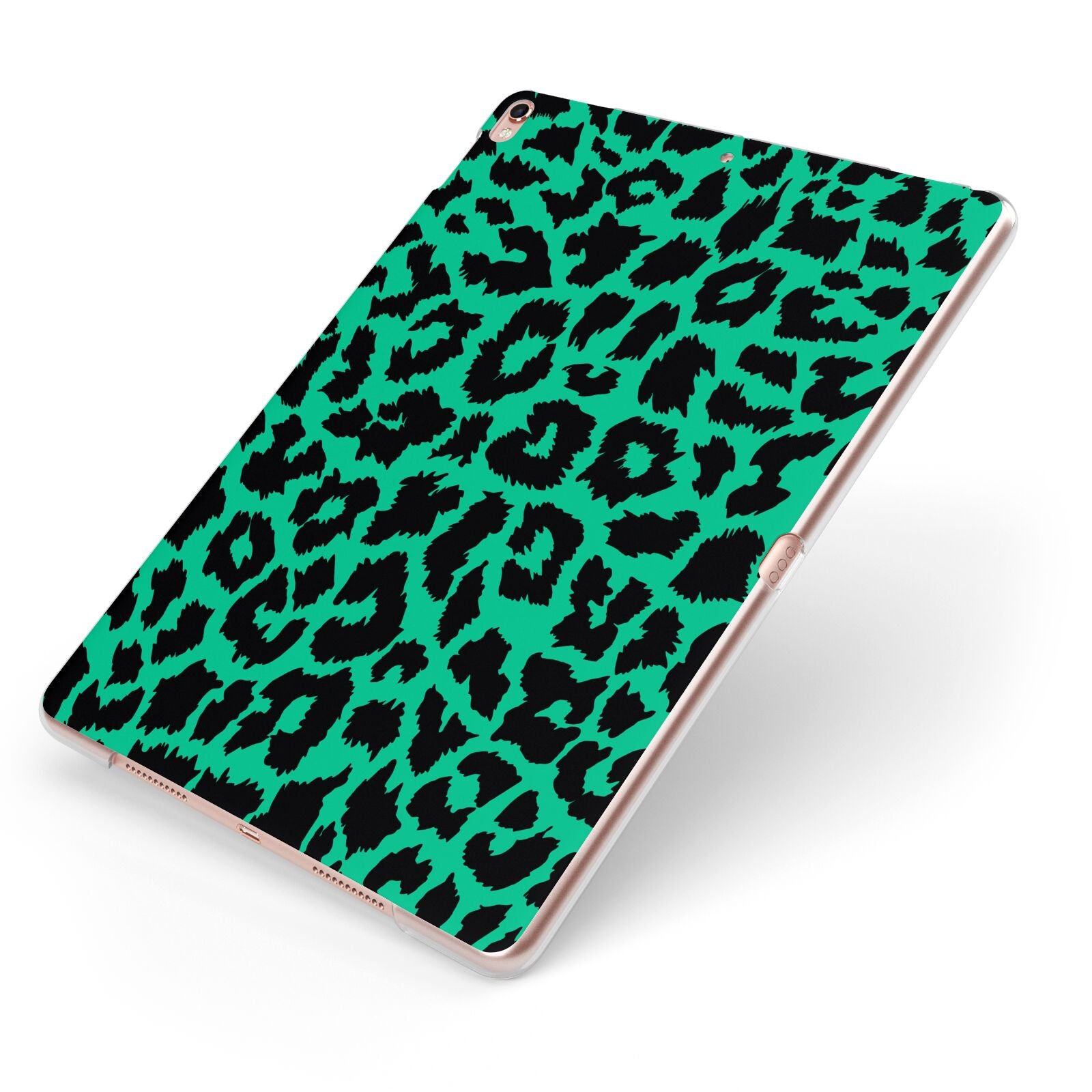 Green Leopard Print Apple iPad Case on Rose Gold iPad Side View