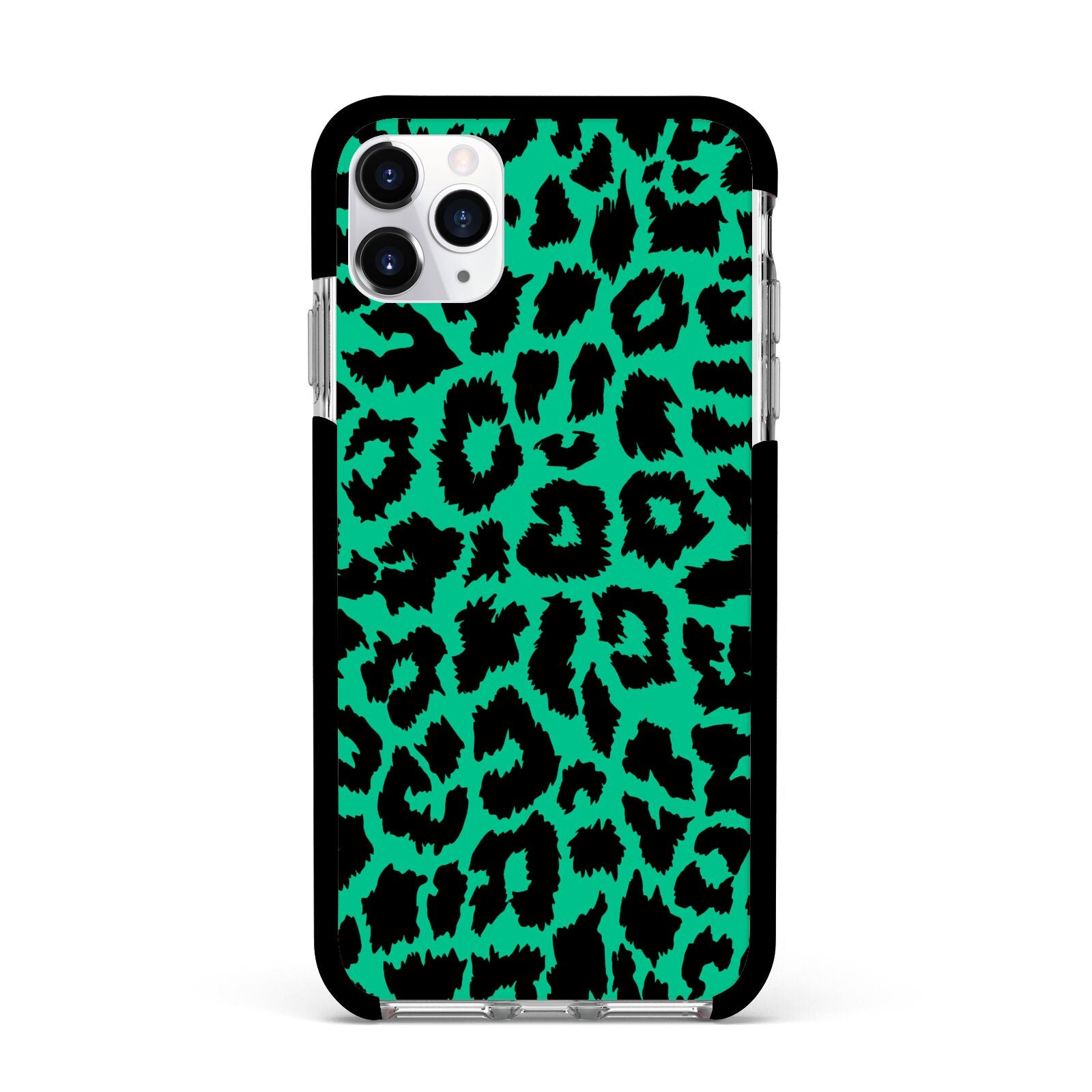 Green Leopard Print Apple iPhone 11 Pro Max in Silver with Black Impact Case