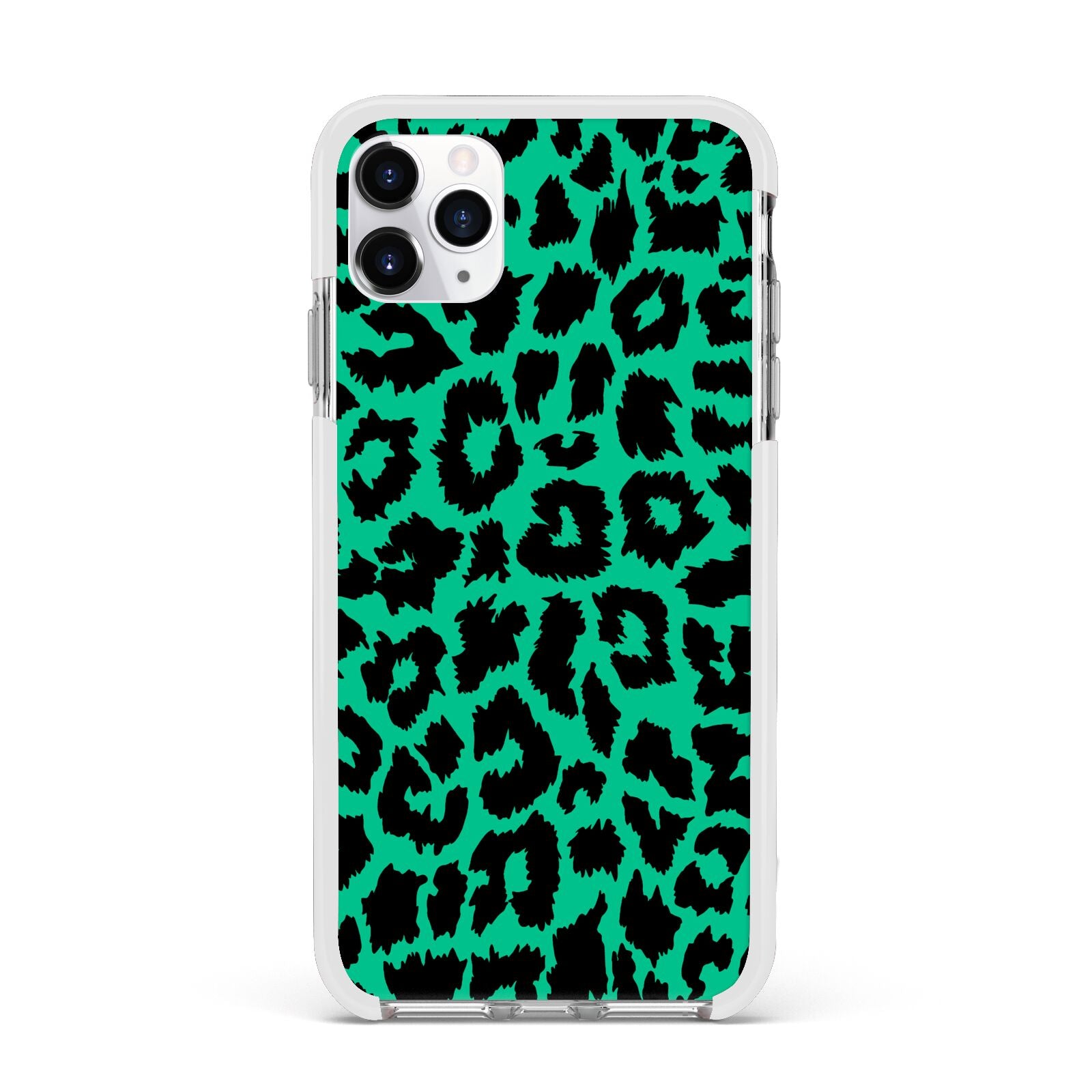 Green Leopard Print Apple iPhone 11 Pro Max in Silver with White Impact Case