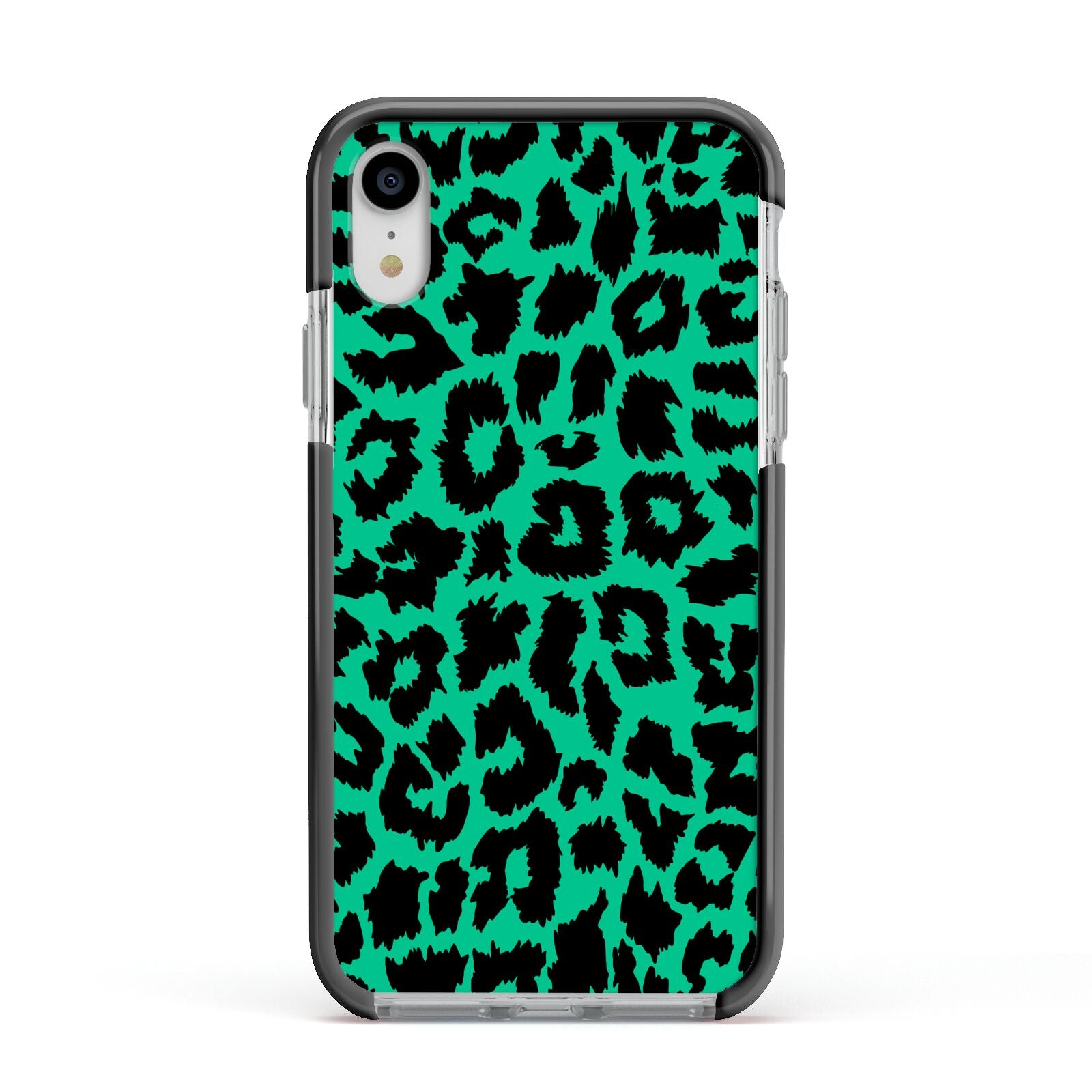 Green Leopard Print Apple iPhone XR Impact Case Black Edge on Silver Phone