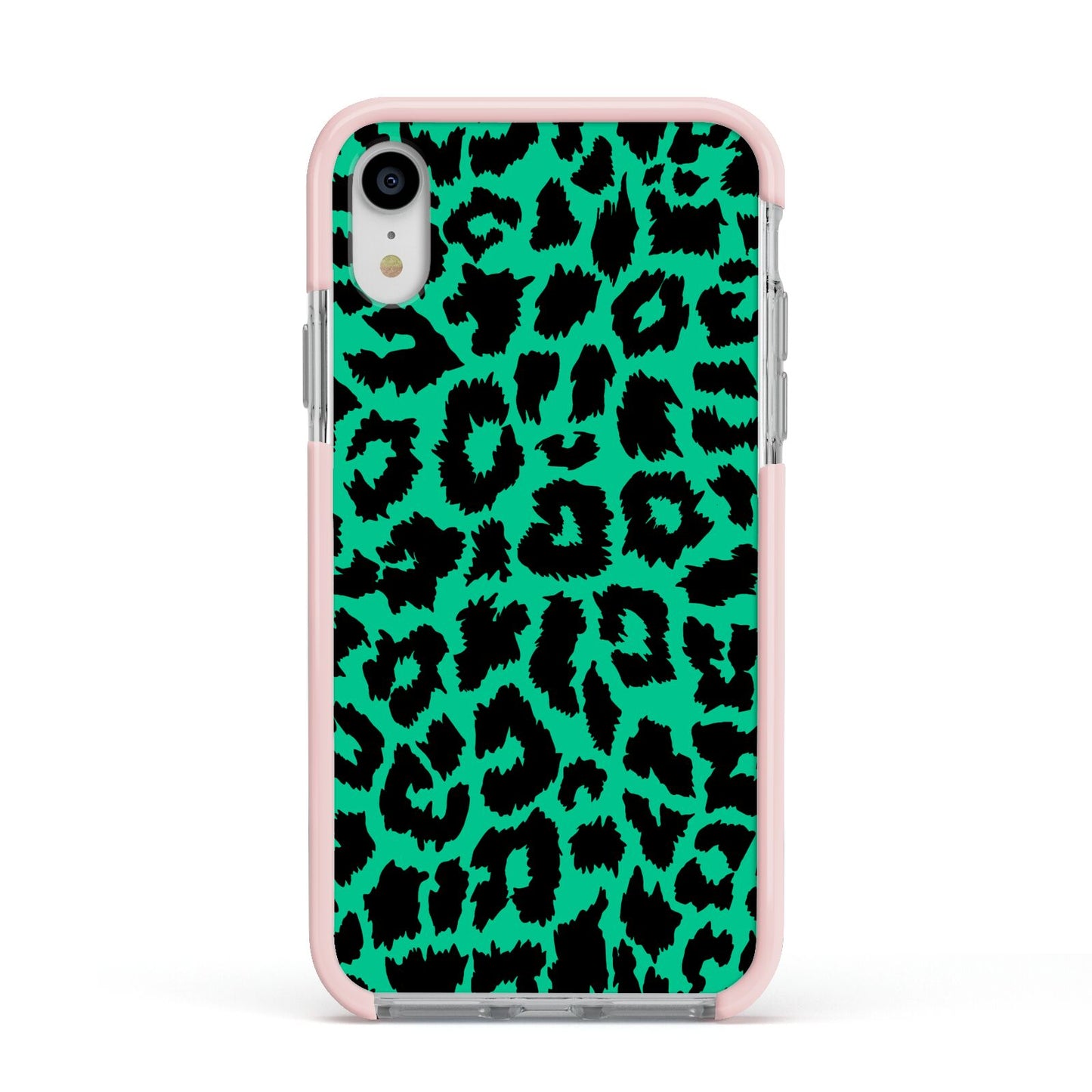 Green Leopard Print Apple iPhone XR Impact Case Pink Edge on Silver Phone