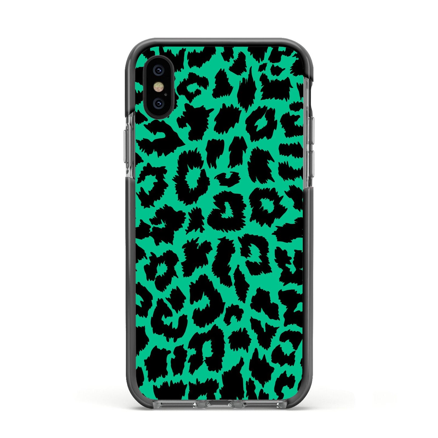 Green Leopard Print Apple iPhone Xs Impact Case Black Edge on Black Phone