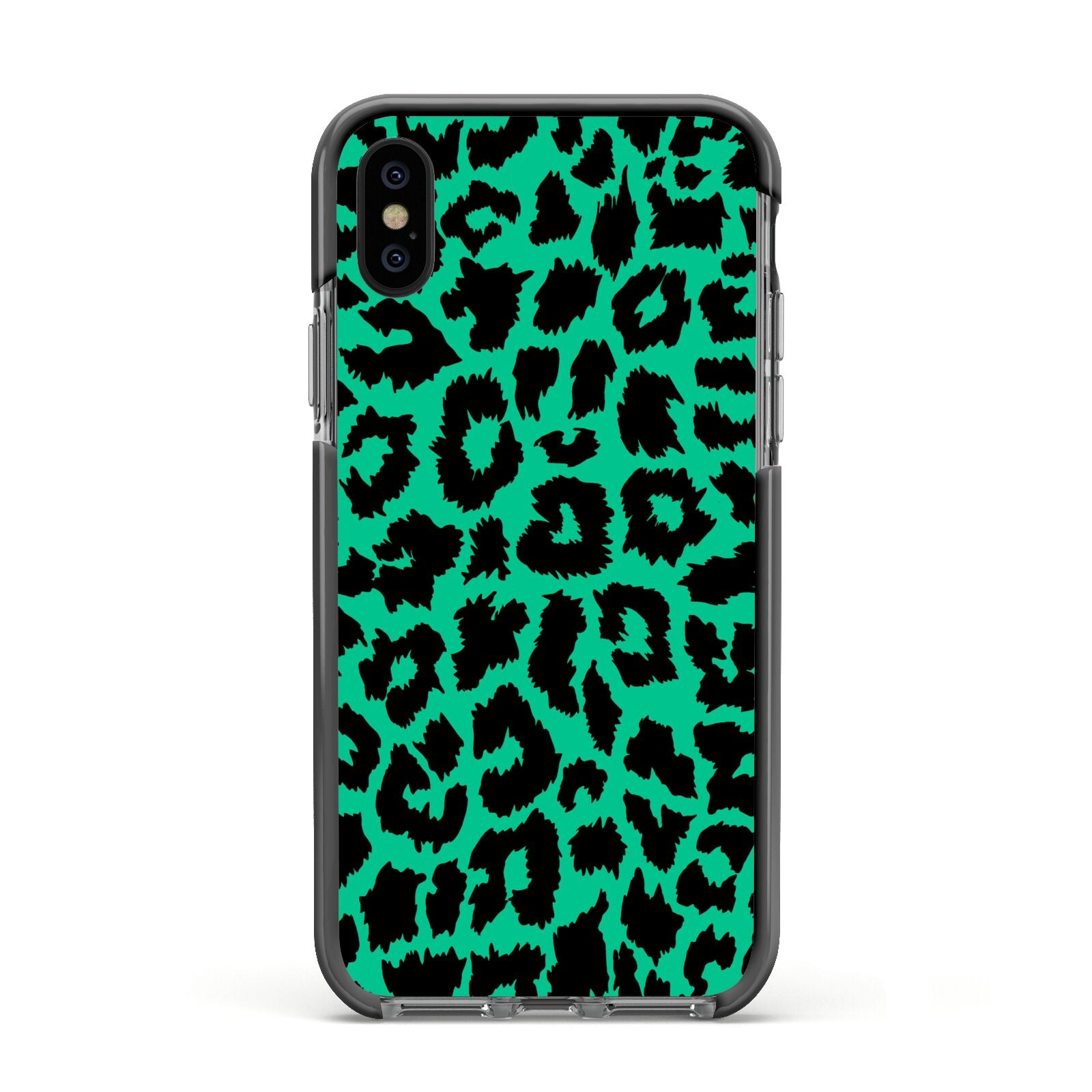 Green Leopard Print Apple iPhone Xs Impact Case Black Edge on Black Phone
