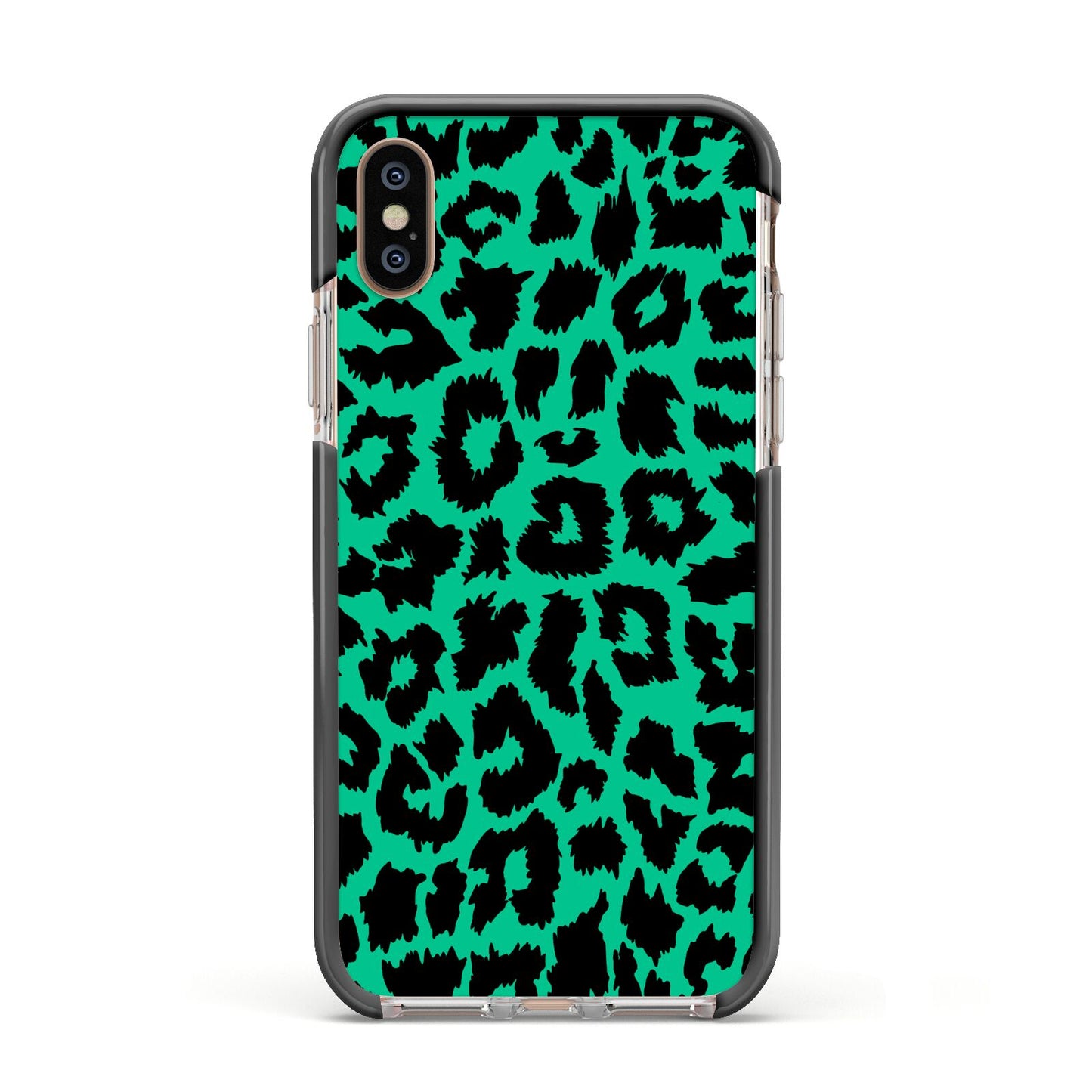 Green Leopard Print Apple iPhone Xs Impact Case Black Edge on Gold Phone