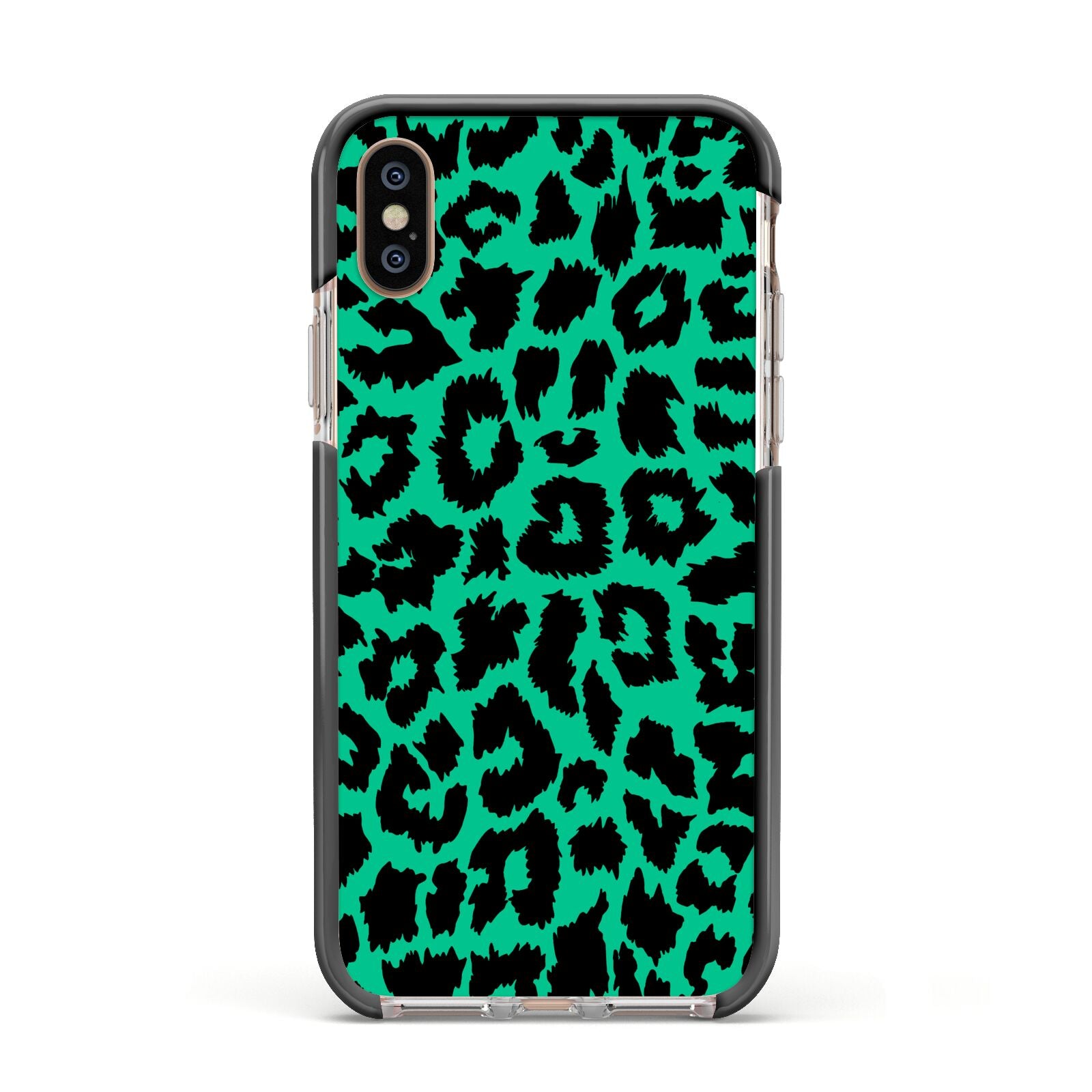 Green Leopard Print Apple iPhone Xs Impact Case Black Edge on Gold Phone