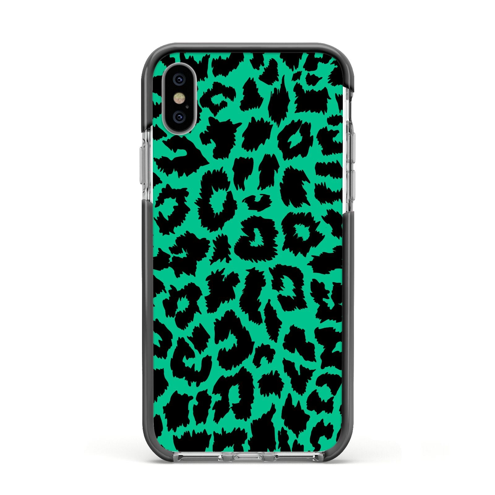 Green Leopard Print Apple iPhone Xs Impact Case Black Edge on Silver Phone