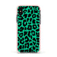Green Leopard Print Apple iPhone Xs Impact Case Pink Edge on Black Phone