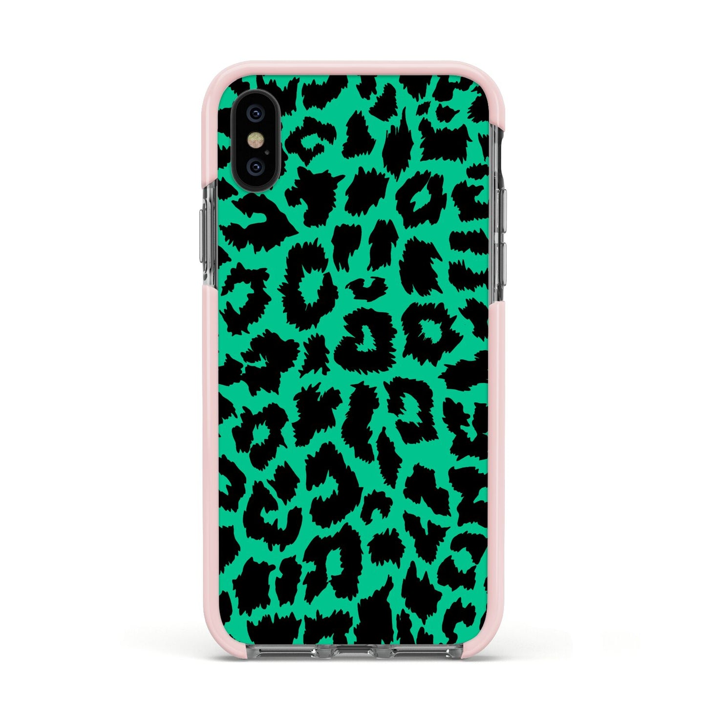 Green Leopard Print Apple iPhone Xs Impact Case Pink Edge on Black Phone