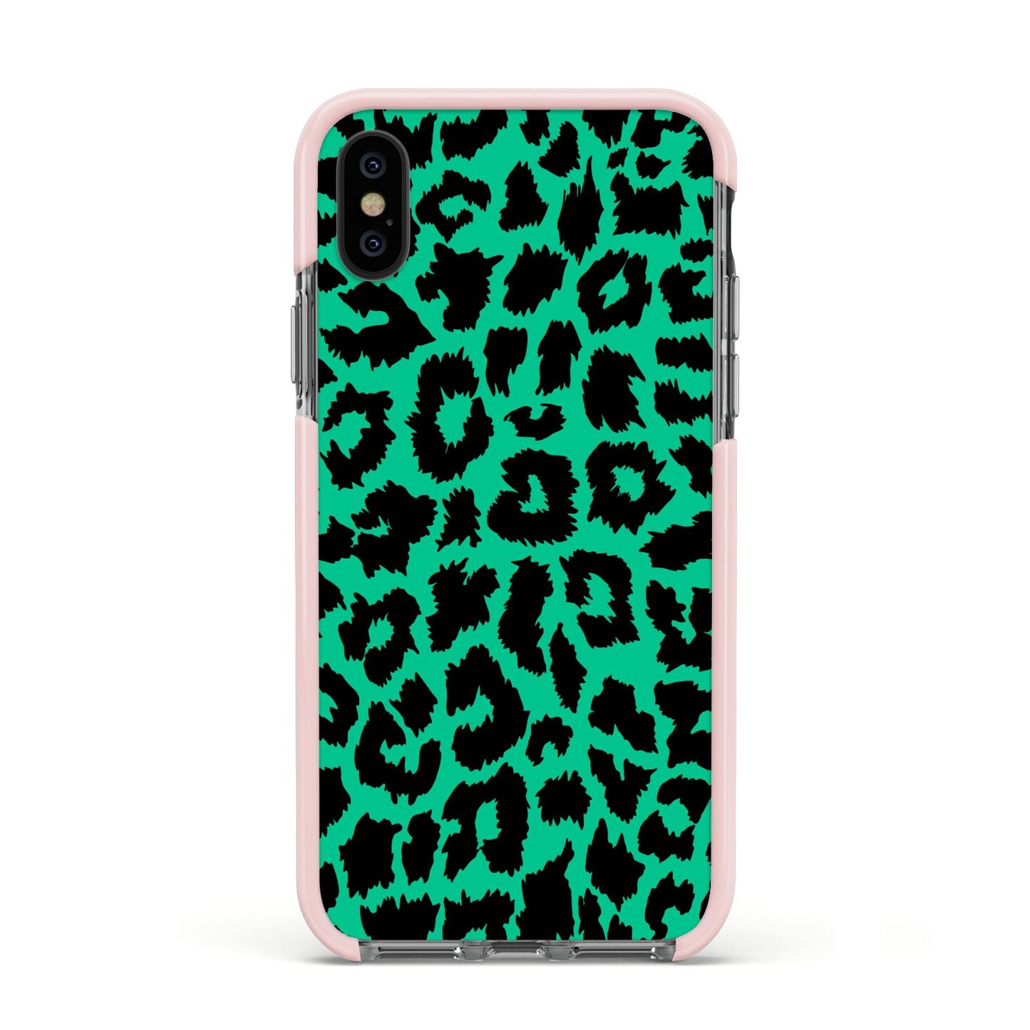 Green Leopard Print Apple iPhone Xs Impact Case Pink Edge on Black Phone