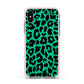 Green Leopard Print Apple iPhone Xs Impact Case Pink Edge on Silver Phone
