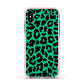 Green Leopard Print Apple iPhone Xs Impact Case Pink Edge on Silver Phone