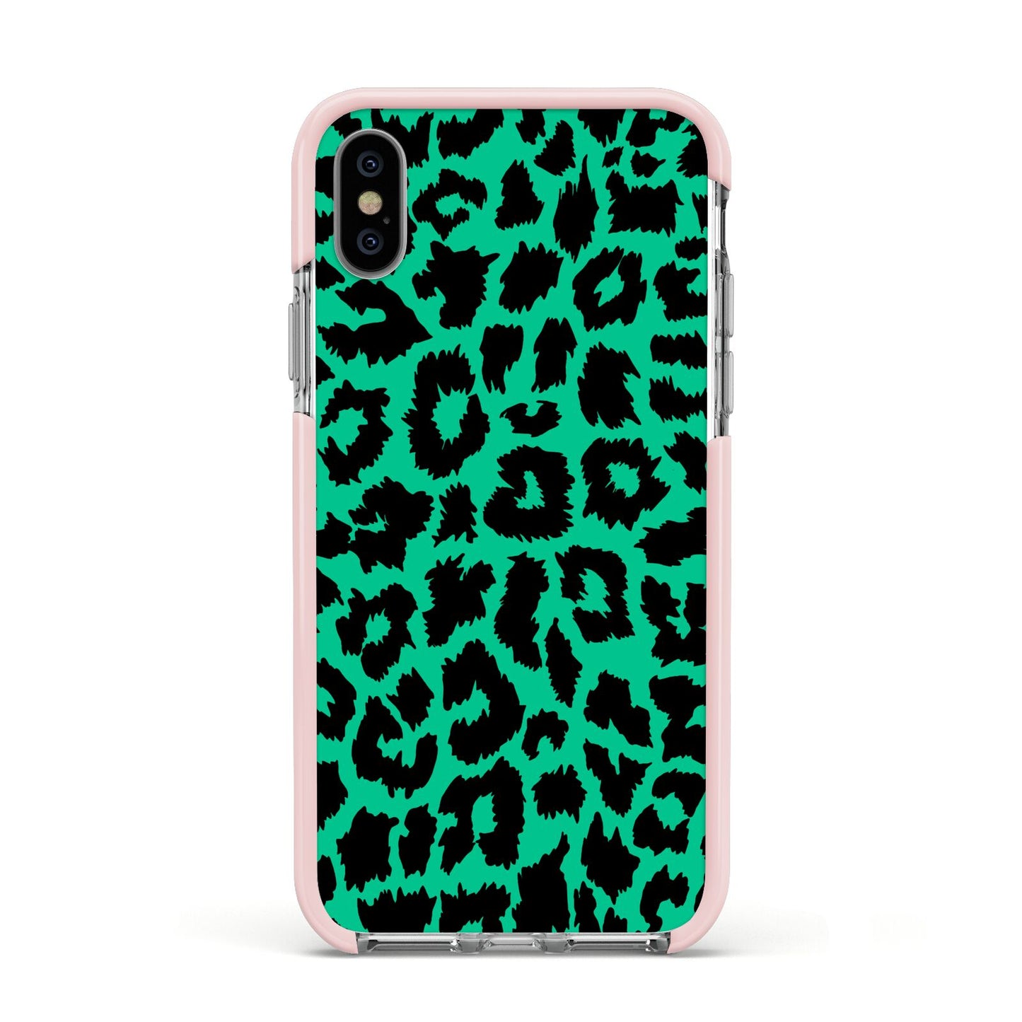 Green Leopard Print Apple iPhone Xs Impact Case Pink Edge on Silver Phone