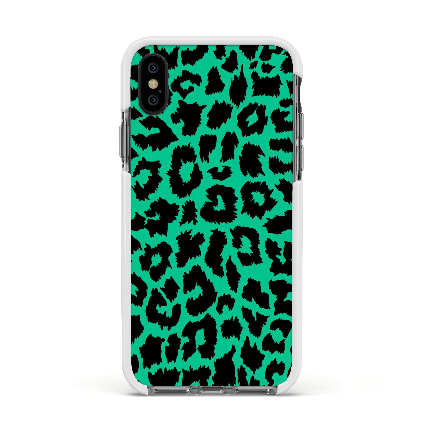 Green Leopard Print Apple iPhone Xs Impact Case White Edge on Black Phone