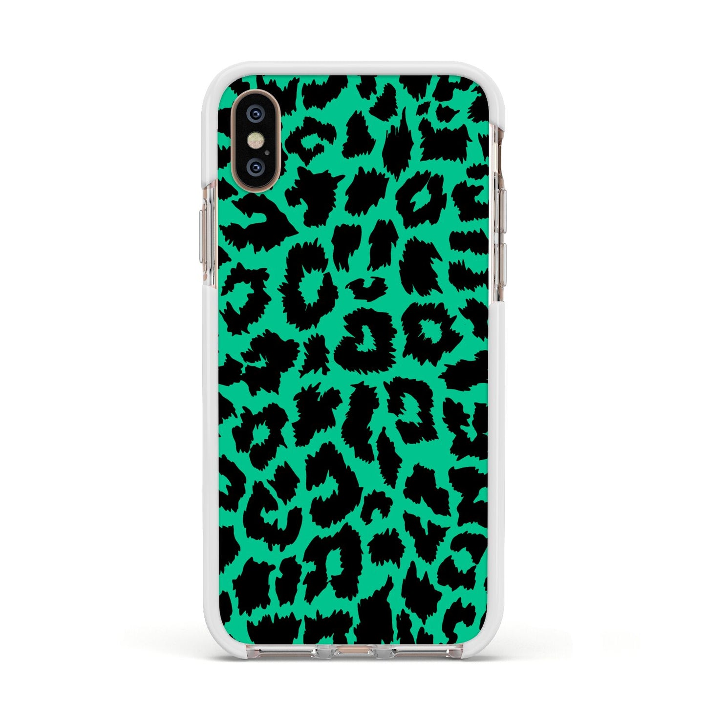 Green Leopard Print Apple iPhone Xs Impact Case White Edge on Gold Phone