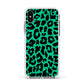 Green Leopard Print Apple iPhone Xs Impact Case White Edge on Silver Phone