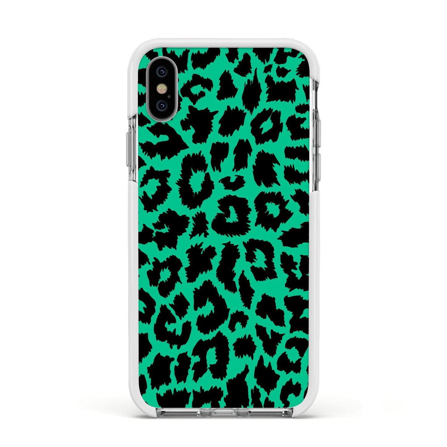 Green Leopard Print Apple iPhone Xs Impact Case White Edge on Silver Phone