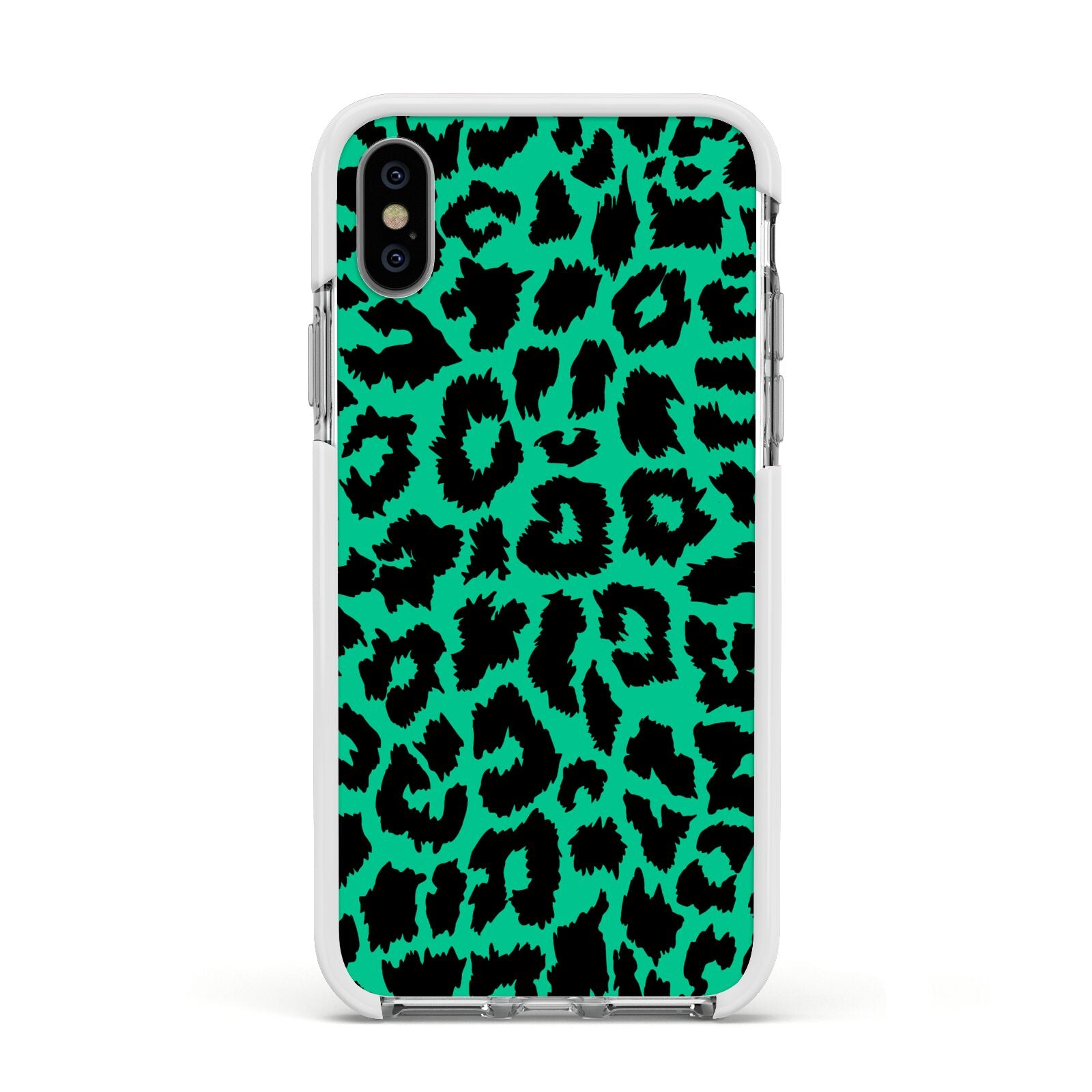 Green Leopard Print Apple iPhone Xs Impact Case White Edge on Silver Phone