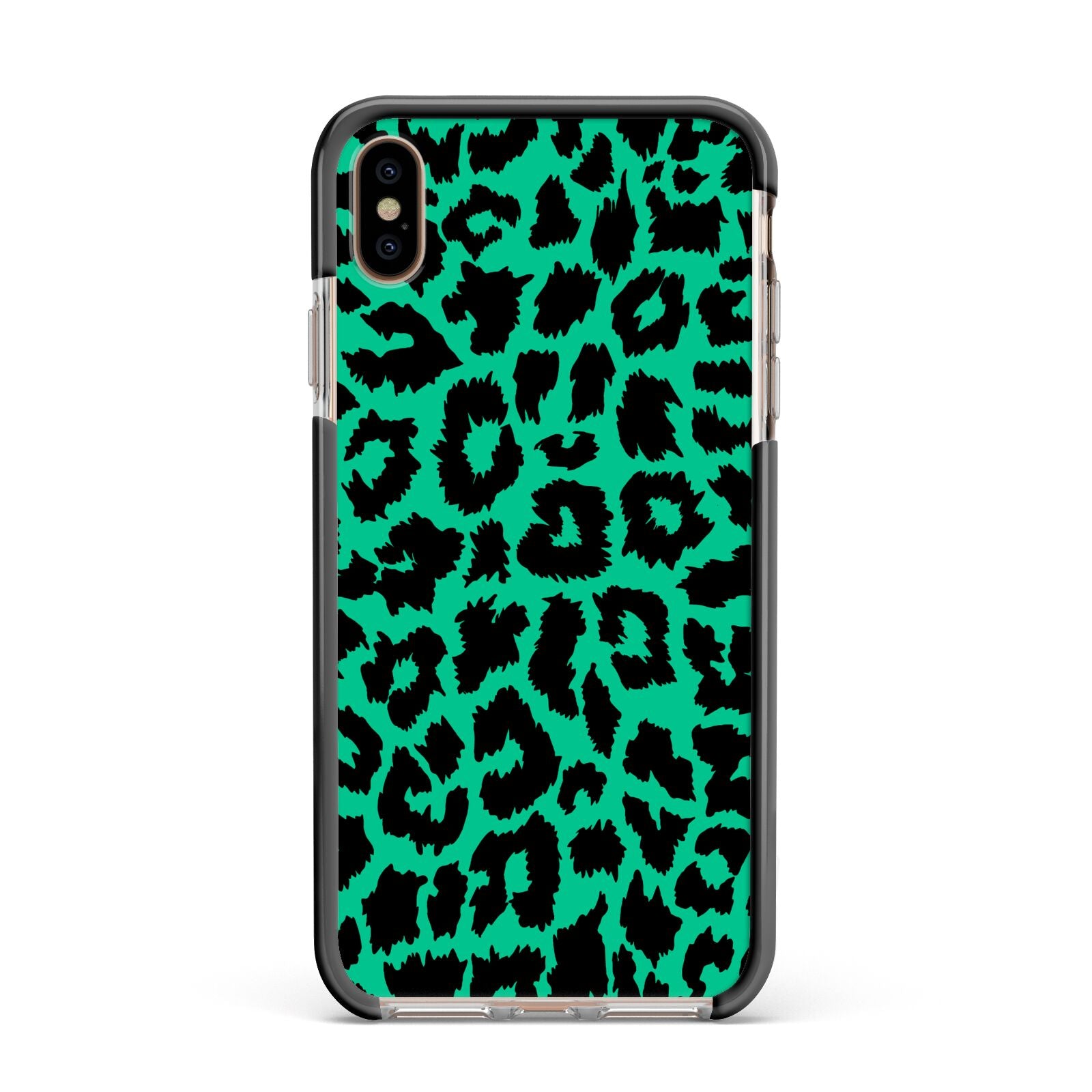 Green Leopard Print Apple iPhone Xs Max Impact Case Black Edge on Gold Phone