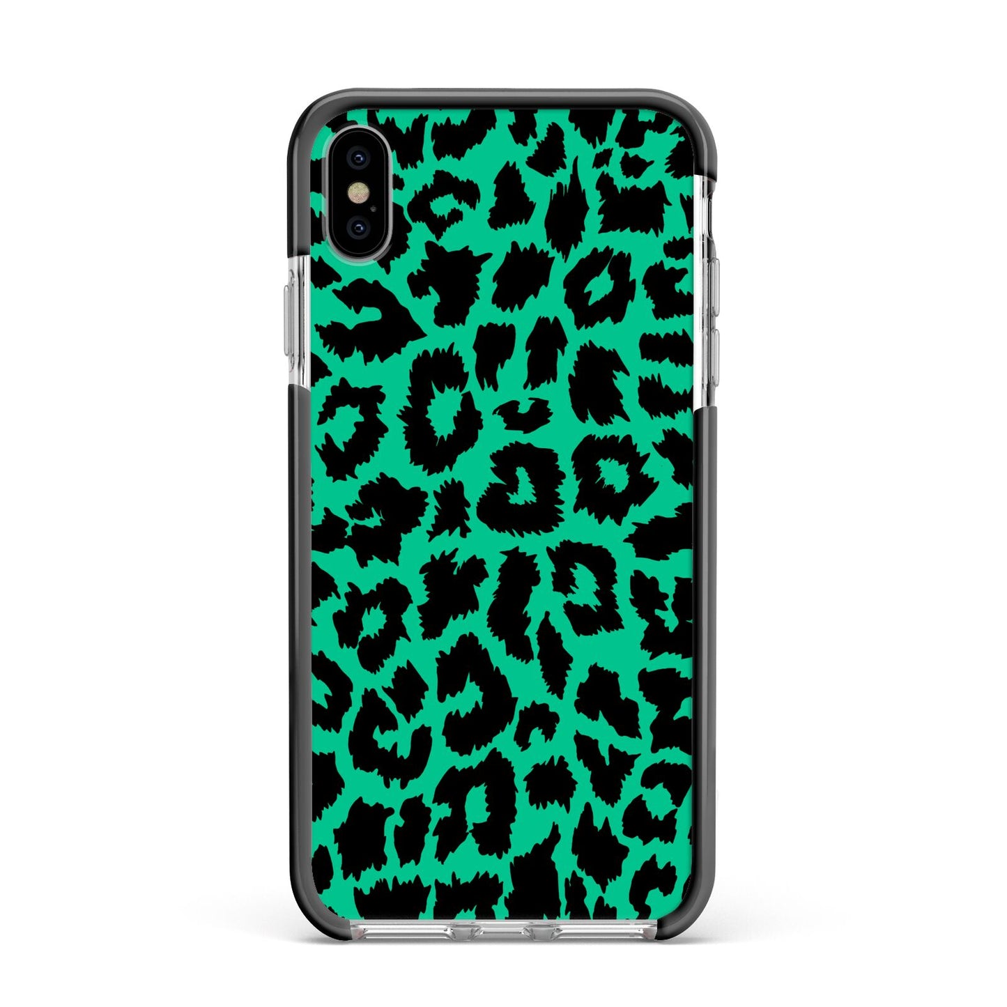 Green Leopard Print Apple iPhone Xs Max Impact Case Black Edge on Silver Phone