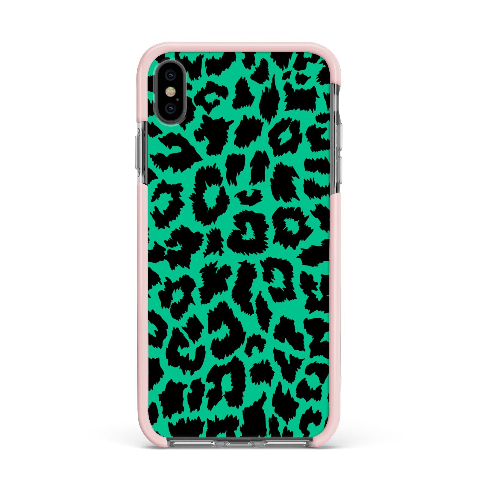 Green Leopard Print Apple iPhone Xs Max Impact Case Pink Edge on Black Phone