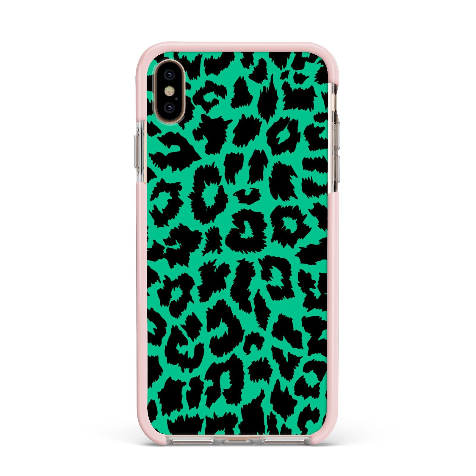 Green Leopard Print Apple iPhone Xs Max Impact Case Pink Edge on Gold Phone