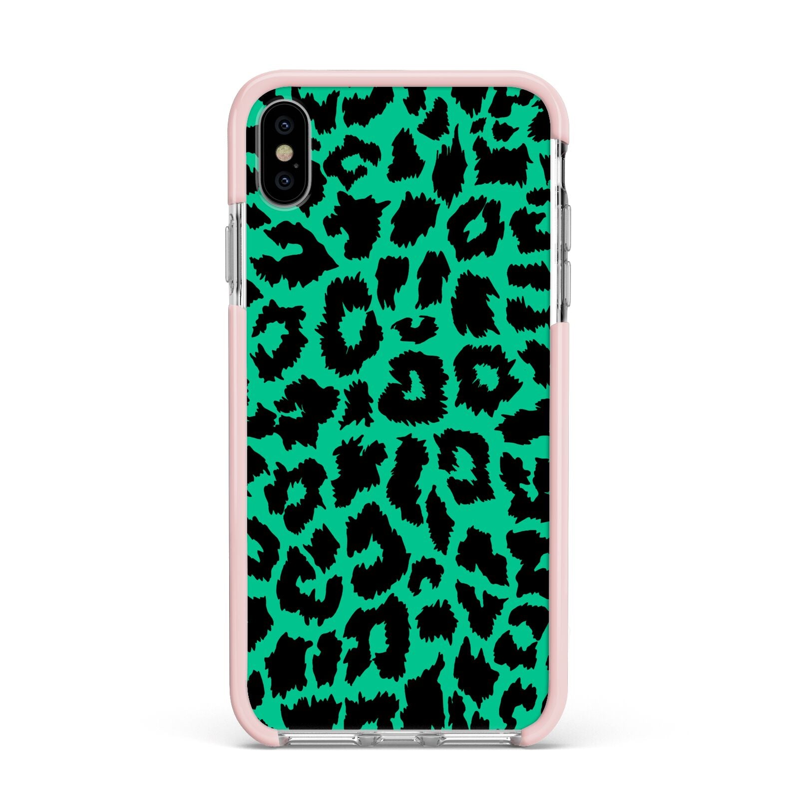 Green Leopard Print Apple iPhone Xs Max Impact Case Pink Edge on Silver Phone