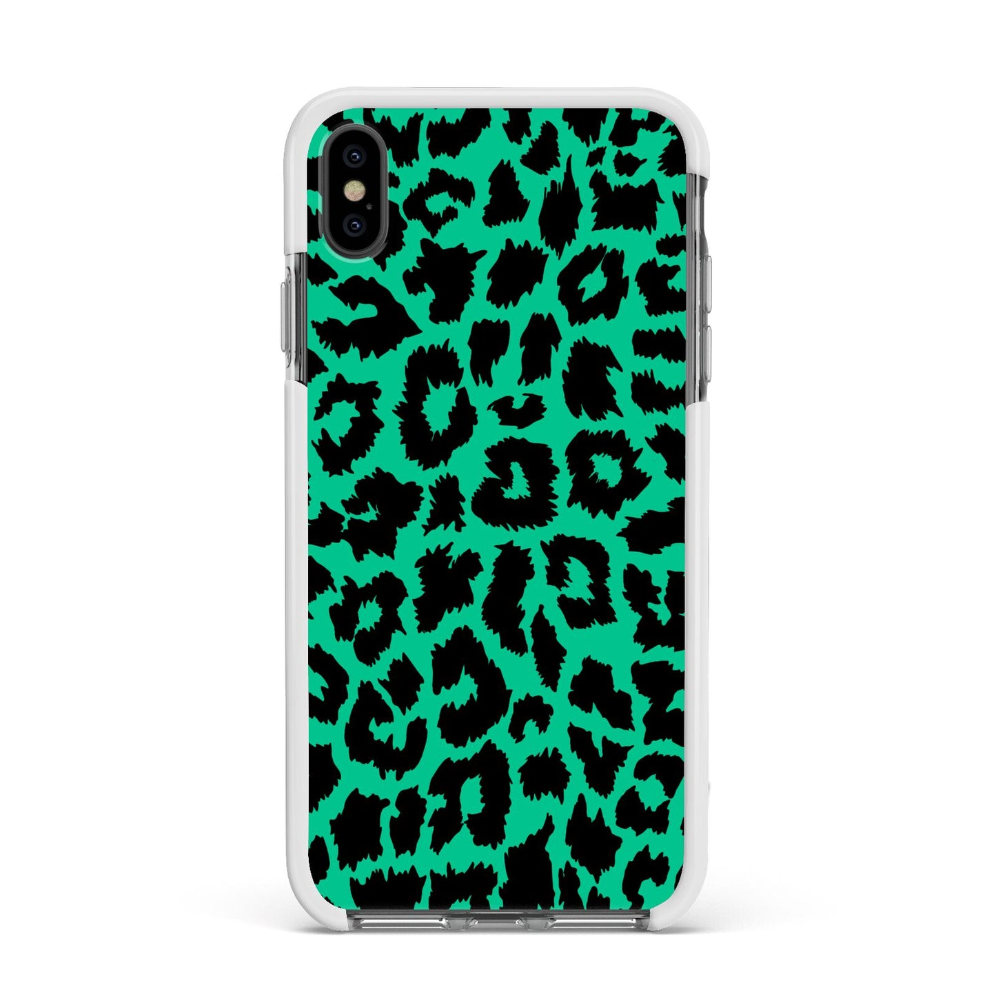 Green Leopard Print Apple iPhone Xs Max Impact Case White Edge on Black Phone