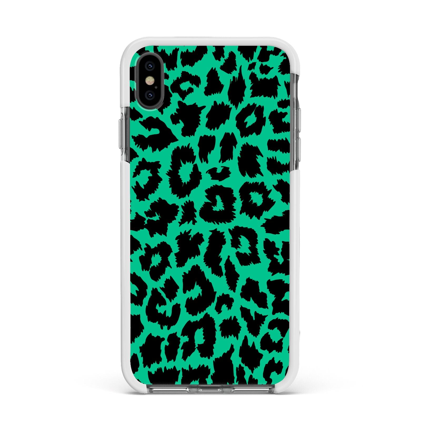 Green Leopard Print Apple iPhone Xs Max Impact Case White Edge on Black Phone