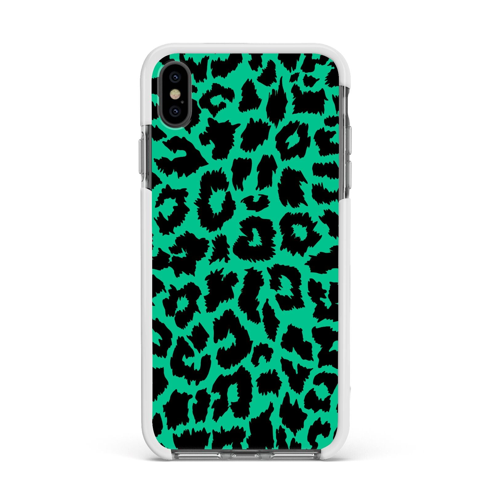 Green Leopard Print Apple iPhone Xs Max Impact Case White Edge on Black Phone