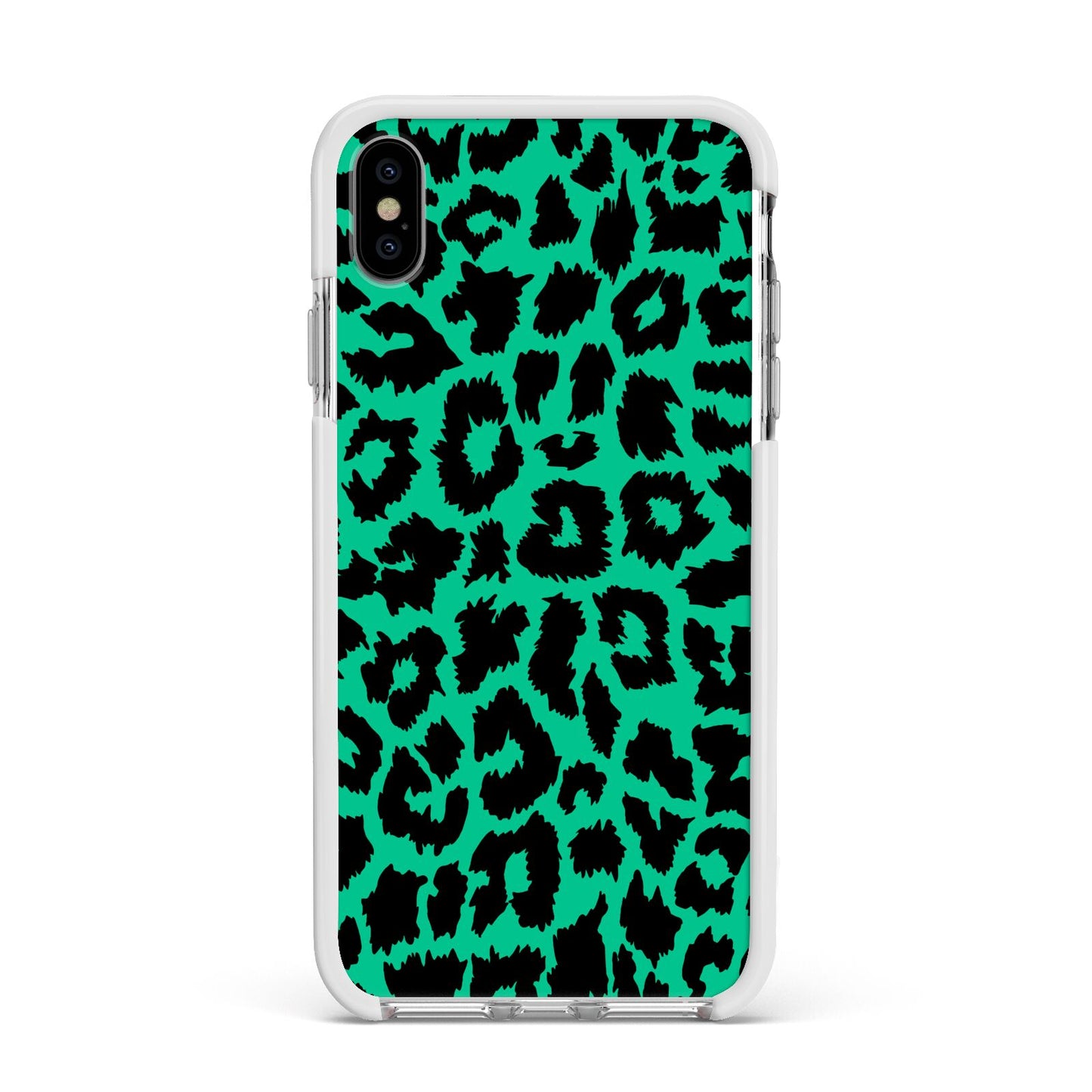 Green Leopard Print Apple iPhone Xs Max Impact Case White Edge on Silver Phone