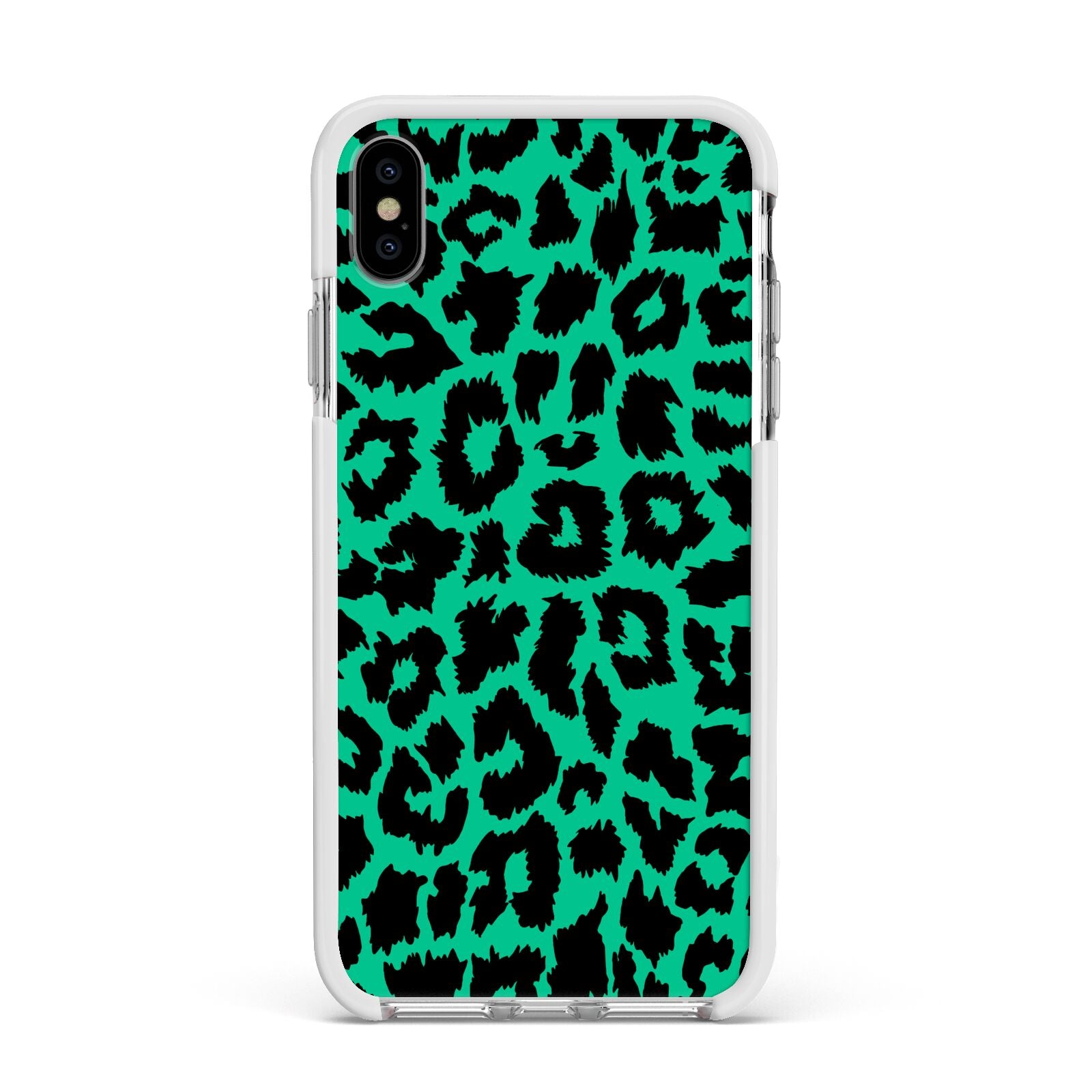 Green Leopard Print Apple iPhone Xs Max Impact Case White Edge on Silver Phone