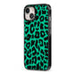 Green Leopard Print iPhone 13 Black Impact Case Side Angle on Silver phone