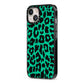 Green Leopard Print iPhone 13 Black Impact Case Side Angle on Silver phone
