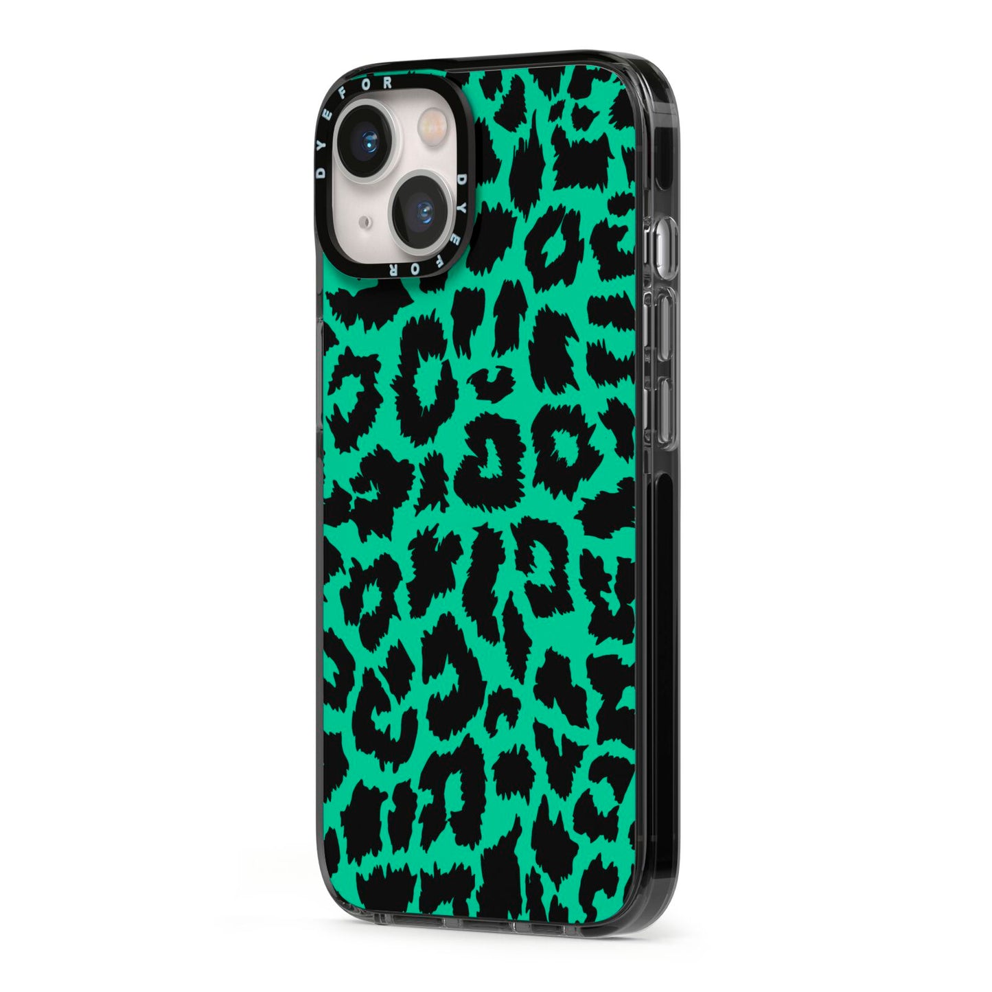 Green Leopard Print iPhone 13 Black Impact Case Side Angle on Silver phone