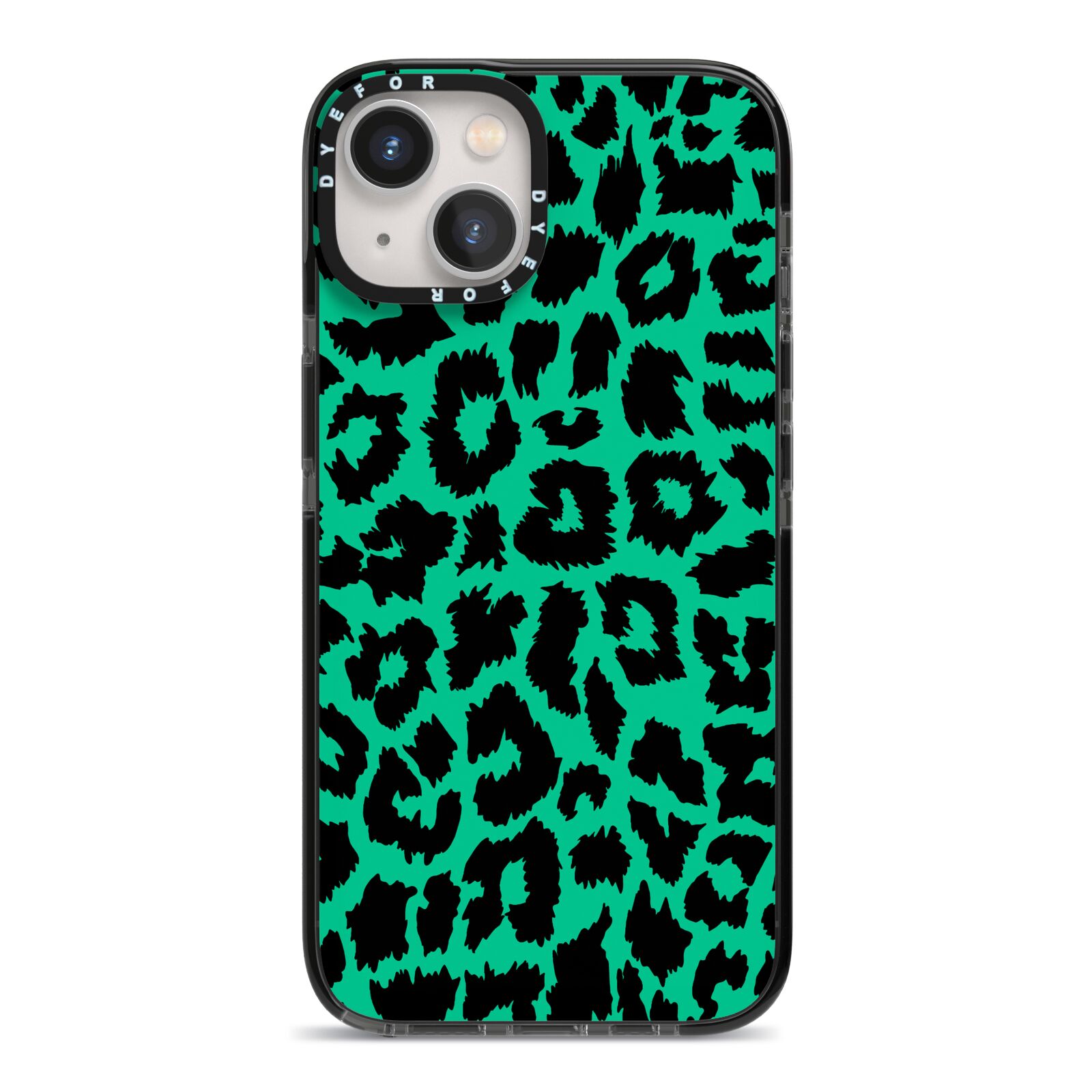 Green Leopard Print iPhone 13 Black Impact Case on Silver phone