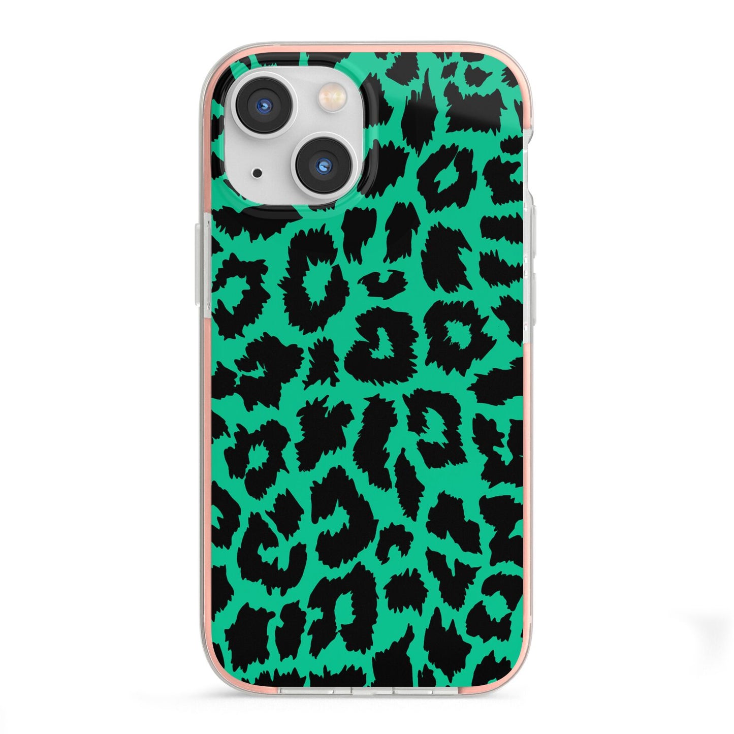 Green Leopard Print iPhone 13 Mini TPU Impact Case with Pink Edges