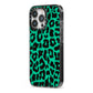Green Leopard Print iPhone 13 Pro Black Impact Case Side Angle on Silver phone
