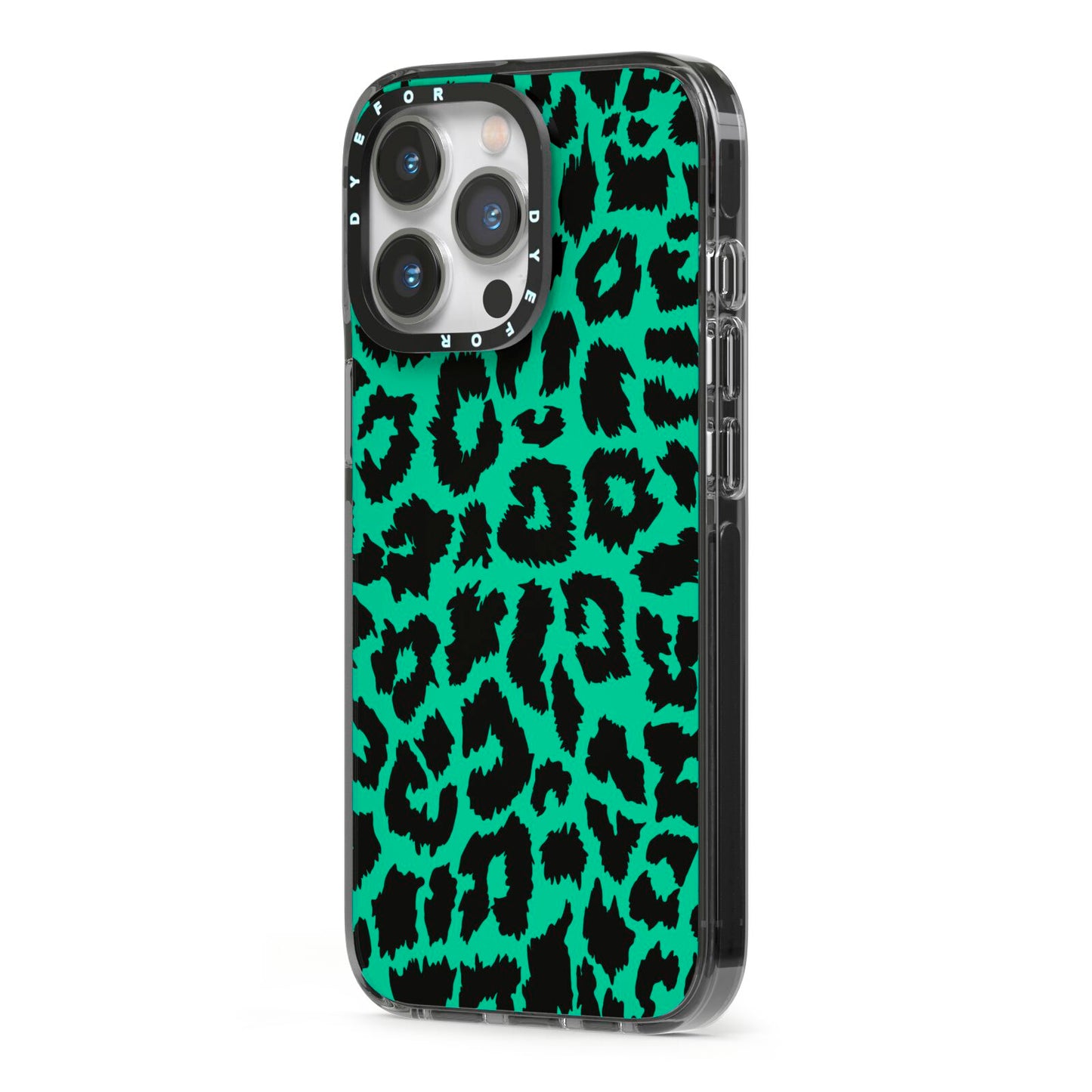 Green Leopard Print iPhone 13 Pro Black Impact Case Side Angle on Silver phone