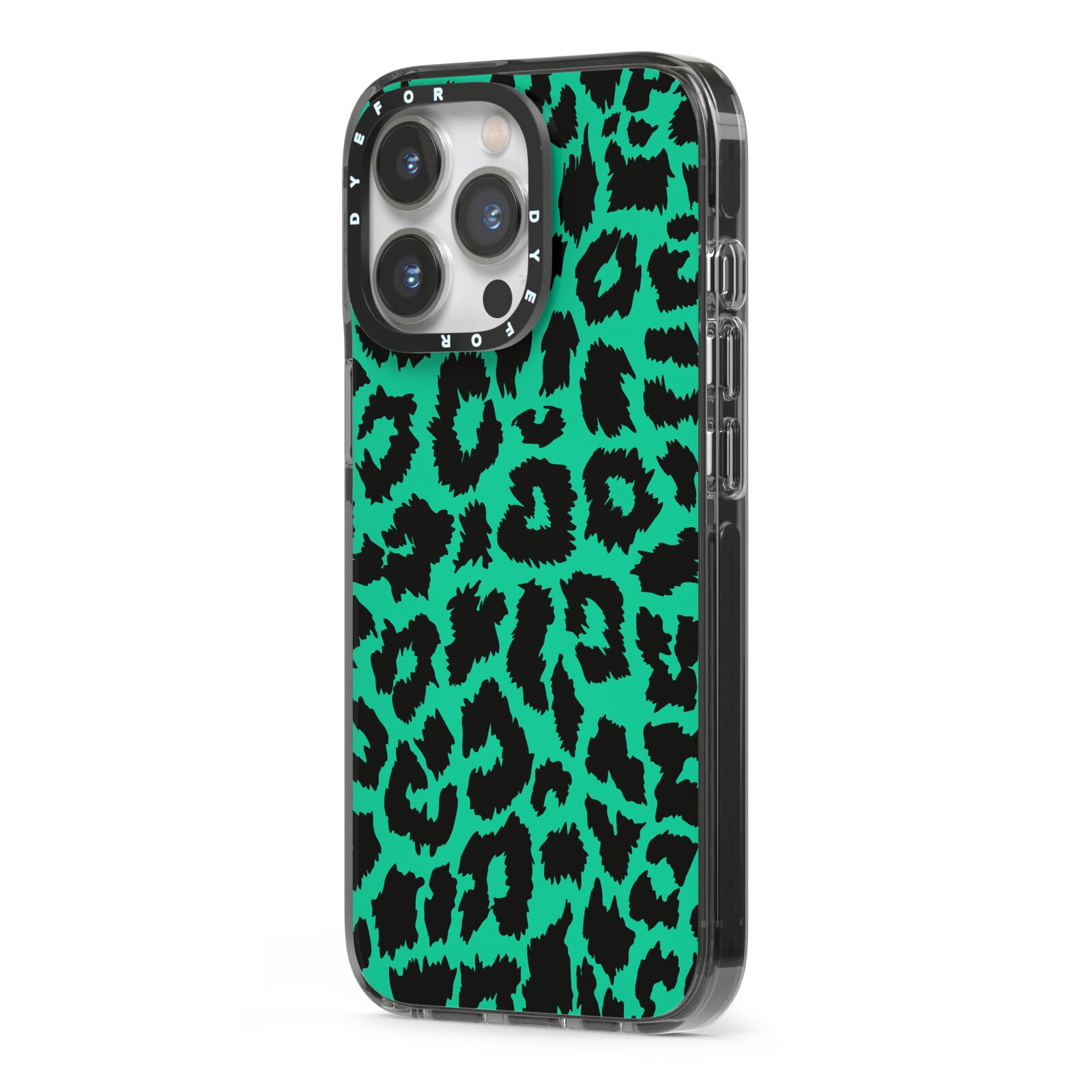 Green Leopard Print iPhone 13 Pro Black Impact Case Side Angle on Silver phone