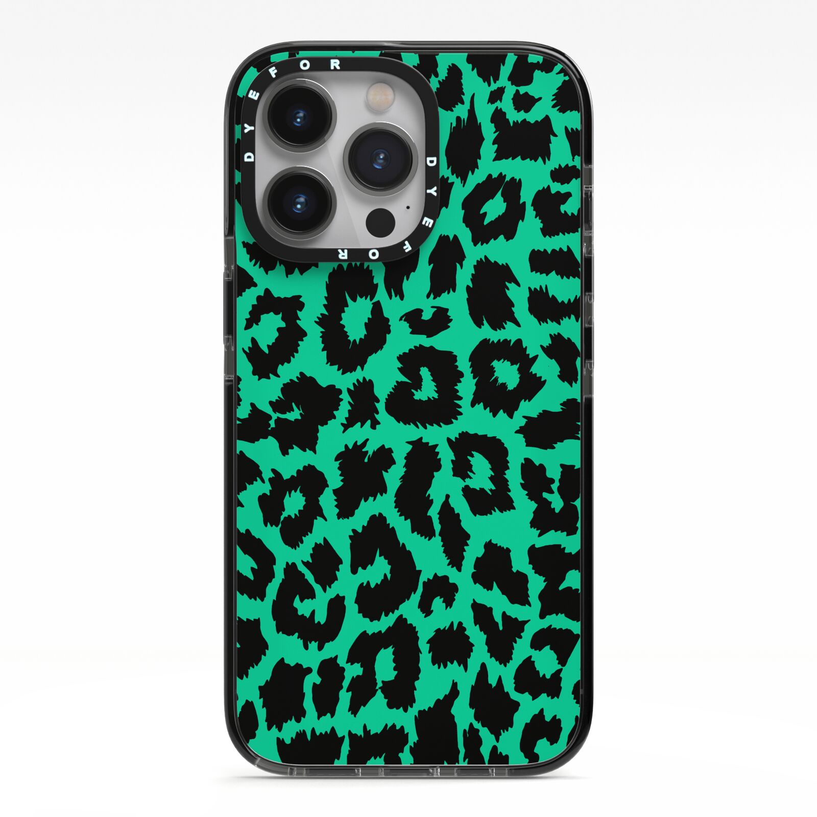 Green Leopard Print iPhone 13 Pro Black Impact Case on Silver phone