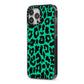 Green Leopard Print iPhone 13 Pro Max Black Impact Case Side Angle on Silver phone