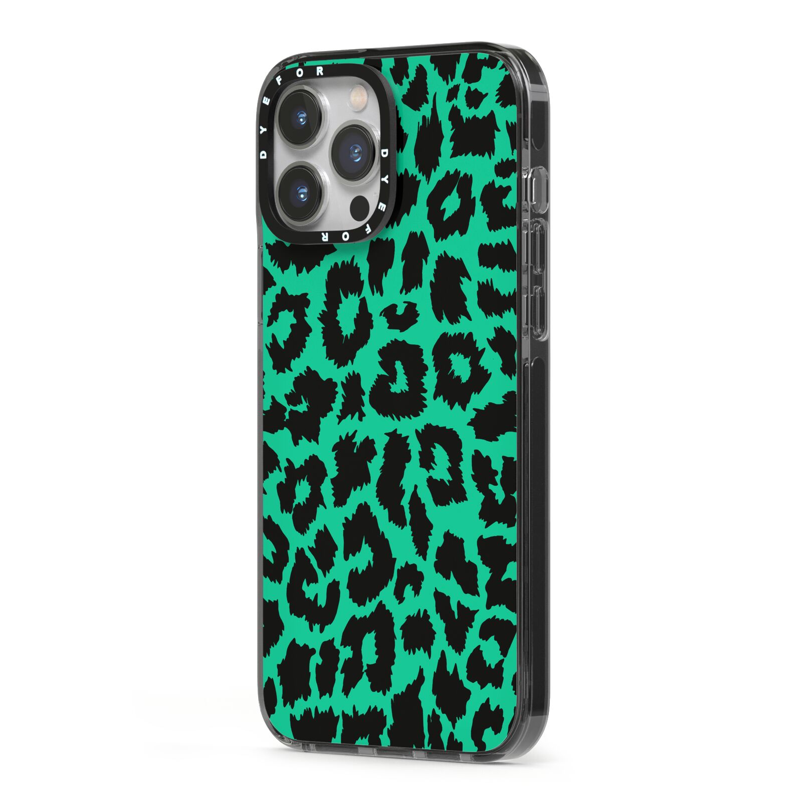 Green Leopard Print iPhone 13 Pro Max Black Impact Case Side Angle on Silver phone