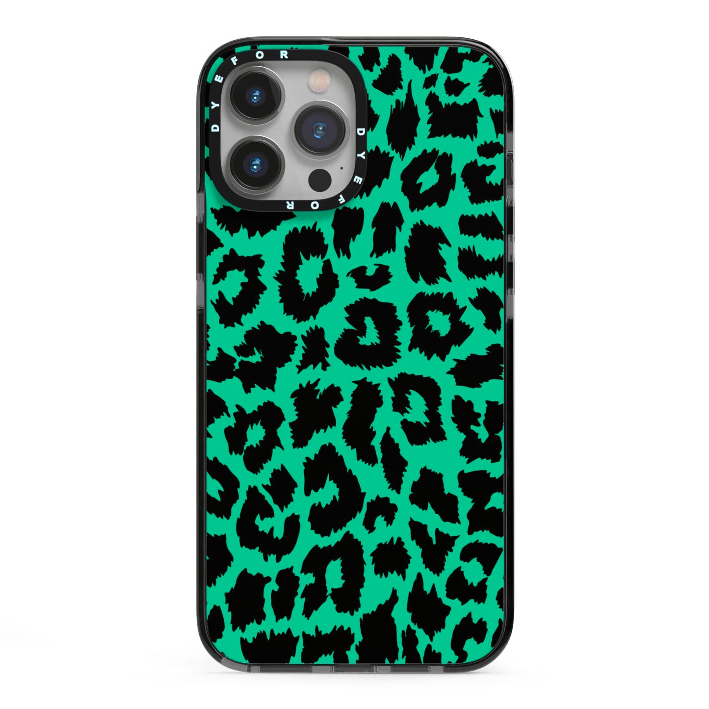 Green Leopard Print iPhone 13 Pro Max Black Impact Case on Silver phone