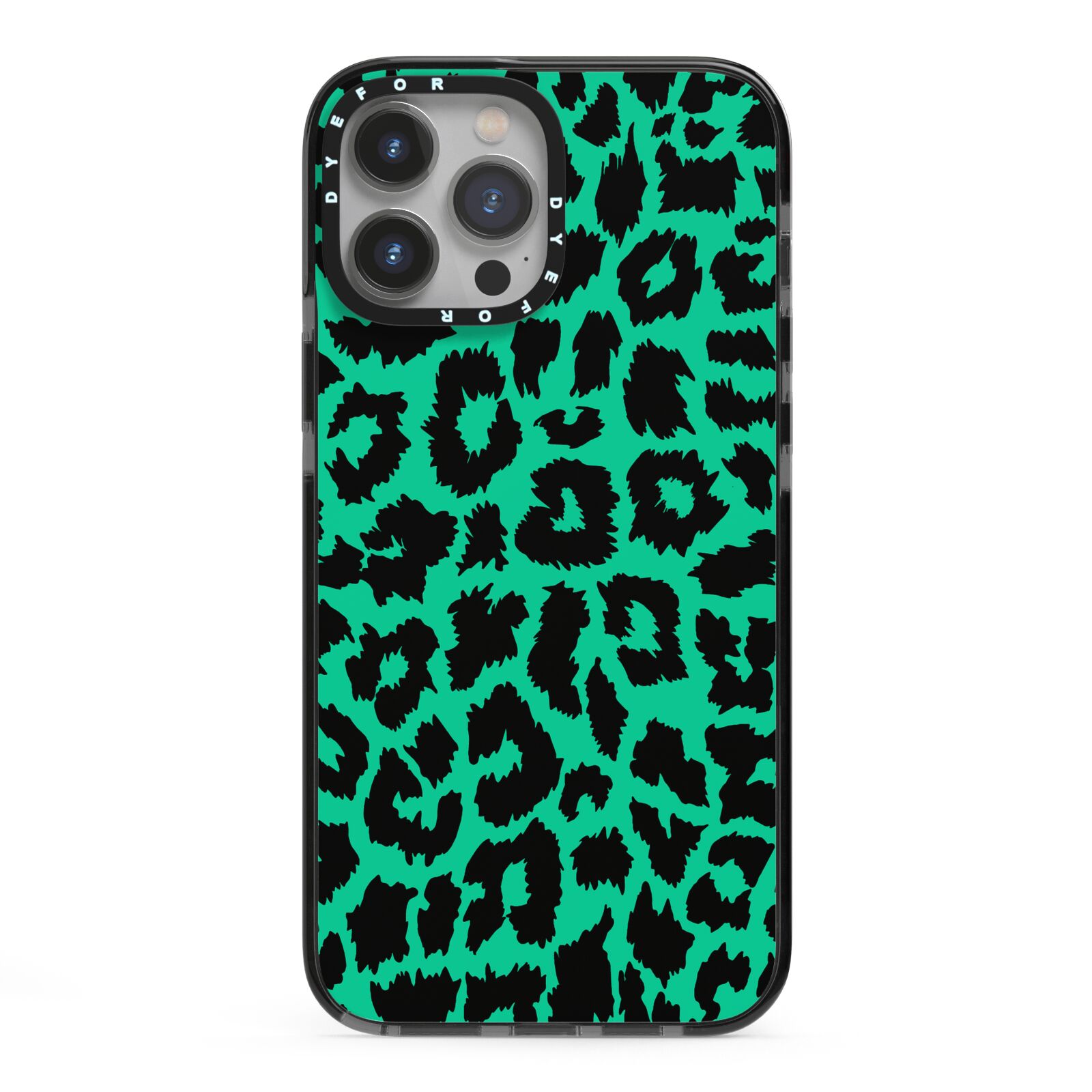Green Leopard Print iPhone 13 Pro Max Black Impact Case on Silver phone