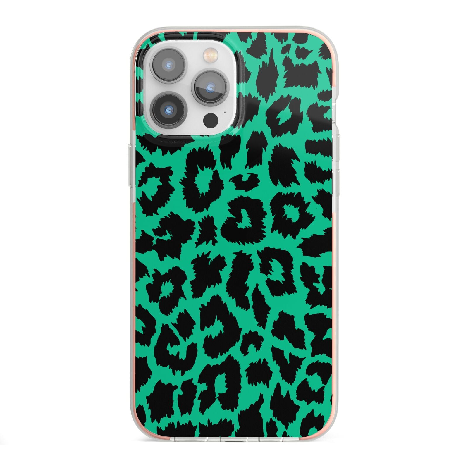 Green Leopard Print iPhone 13 Pro Max TPU Impact Case with Pink Edges